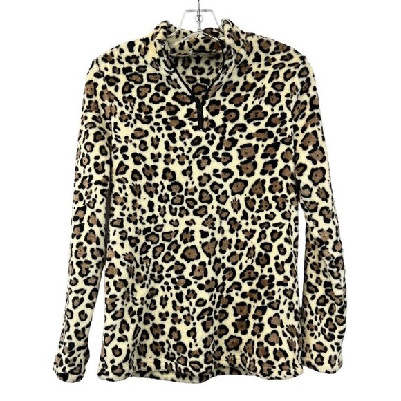 Solution Womens 1/4 Zip Pullover Fleece Top Long Sleeve Multicolor Cheetah Small - Picture 1 of 8